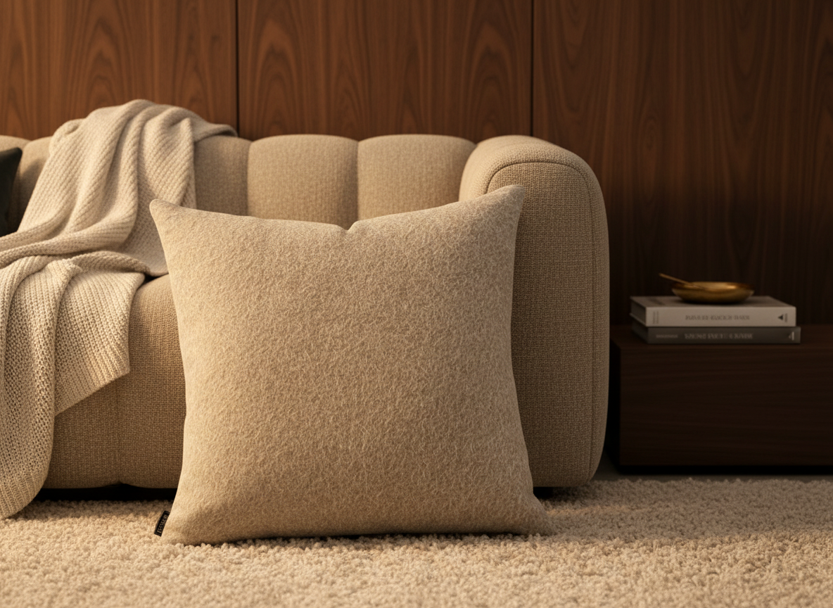 BRONS sierkussen Alentejo op een taupe bank met crème plaid