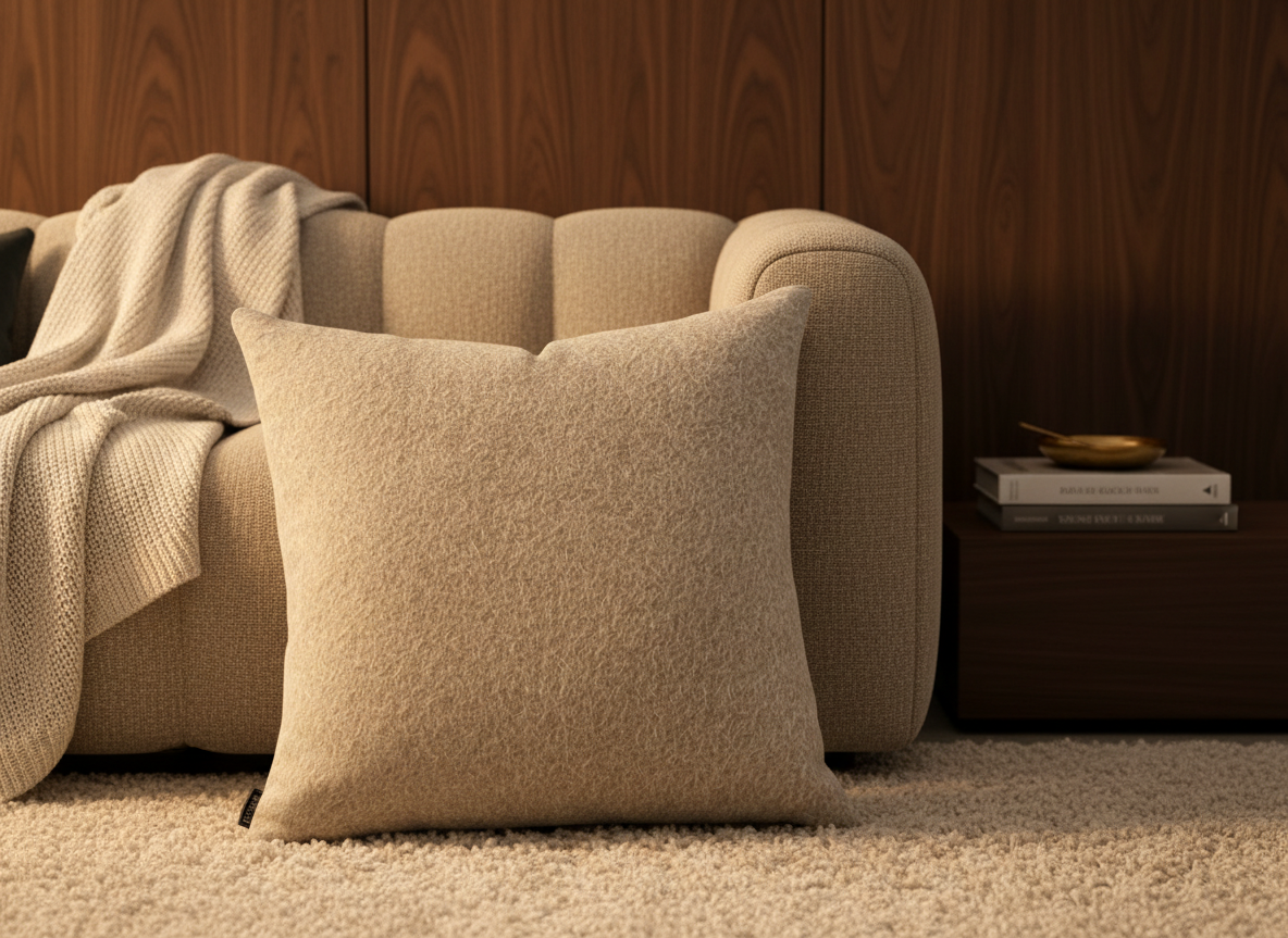 BRONS sierkussen Alentejo op een taupe bank met crème plaid