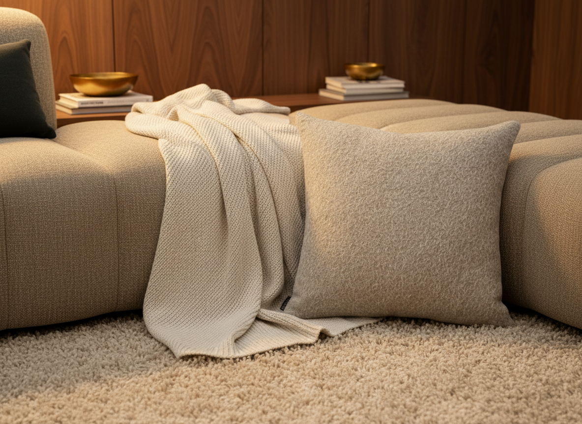 BRONS sierkussen Alentejo op een taupe bank met crème plaid