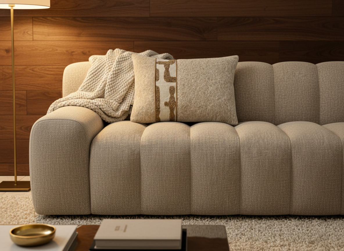 BRONS sierkussen Estoi oker stripe op een taupe bank met crème plaid
