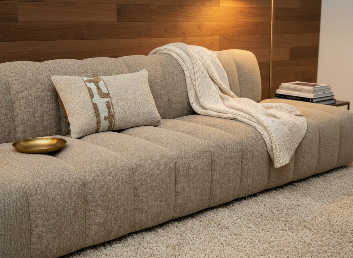 BRONS sierkussen Estoi oker stripe op een taupe bank met crème plaid