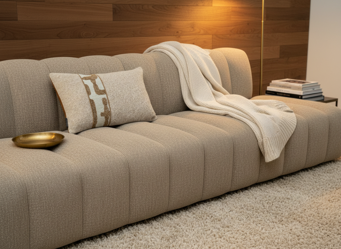 BRONS sierkussen Estoi oker stripe op een taupe bank met crème plaid