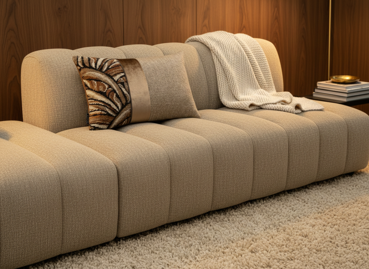 BRONS sierkussen Bonares strook op een taupe bank met crème plaid