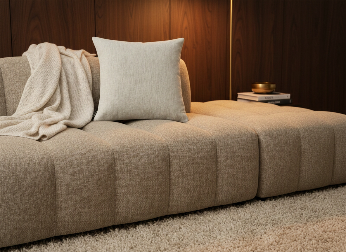 BRONS sierkussen Tavira ecru op een taupe bank met crème plaid