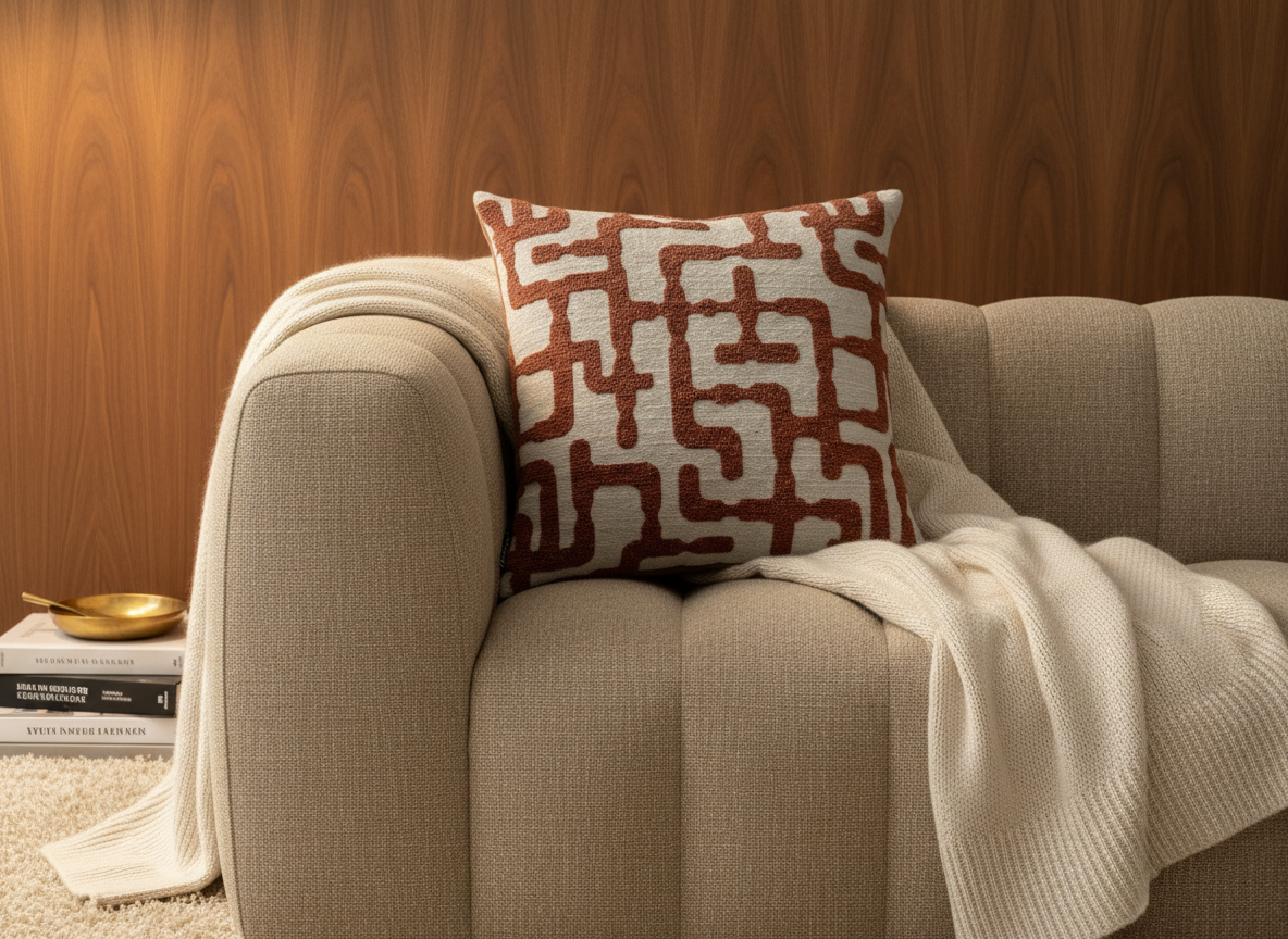 BRONS sierkussen Estoi brique op een taupe bank met crème plaid