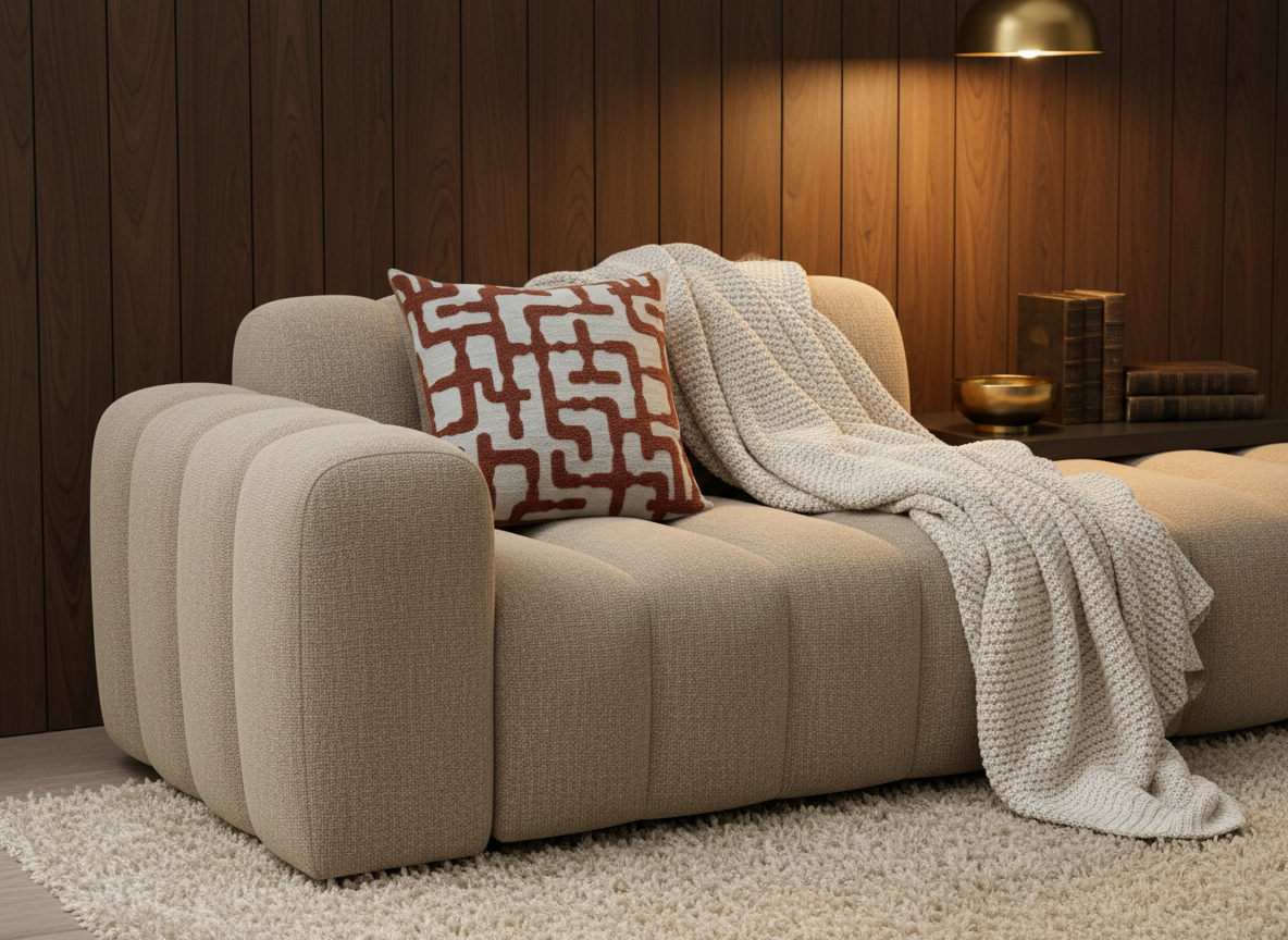 BRONS sierkussen Estoi brique op een taupe bank met crème plaid
