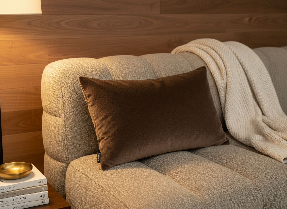 BRONS sierkussen Bilbao chocolat op een taupe bank met crème plaid