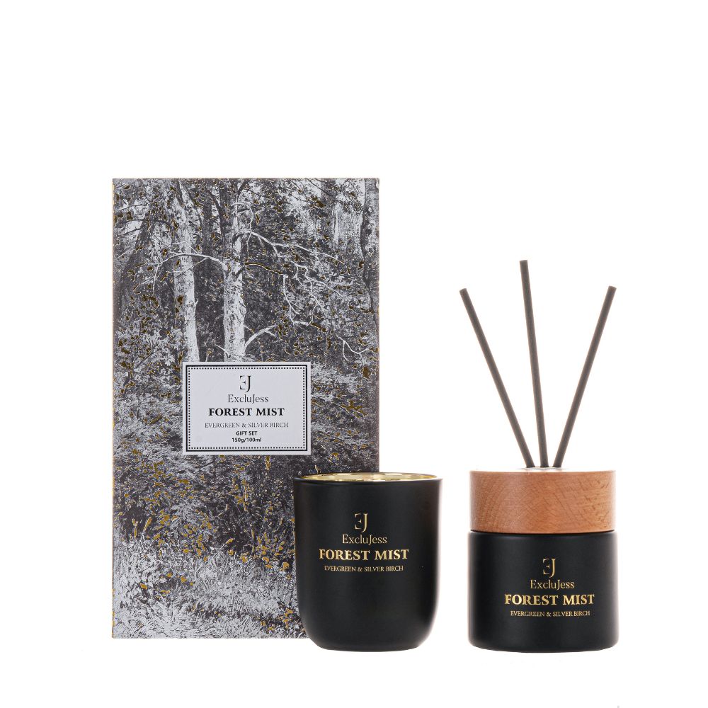 Giftset | Forest Mist geurstokjes & geurkaars Evergreen & Silver Birch
