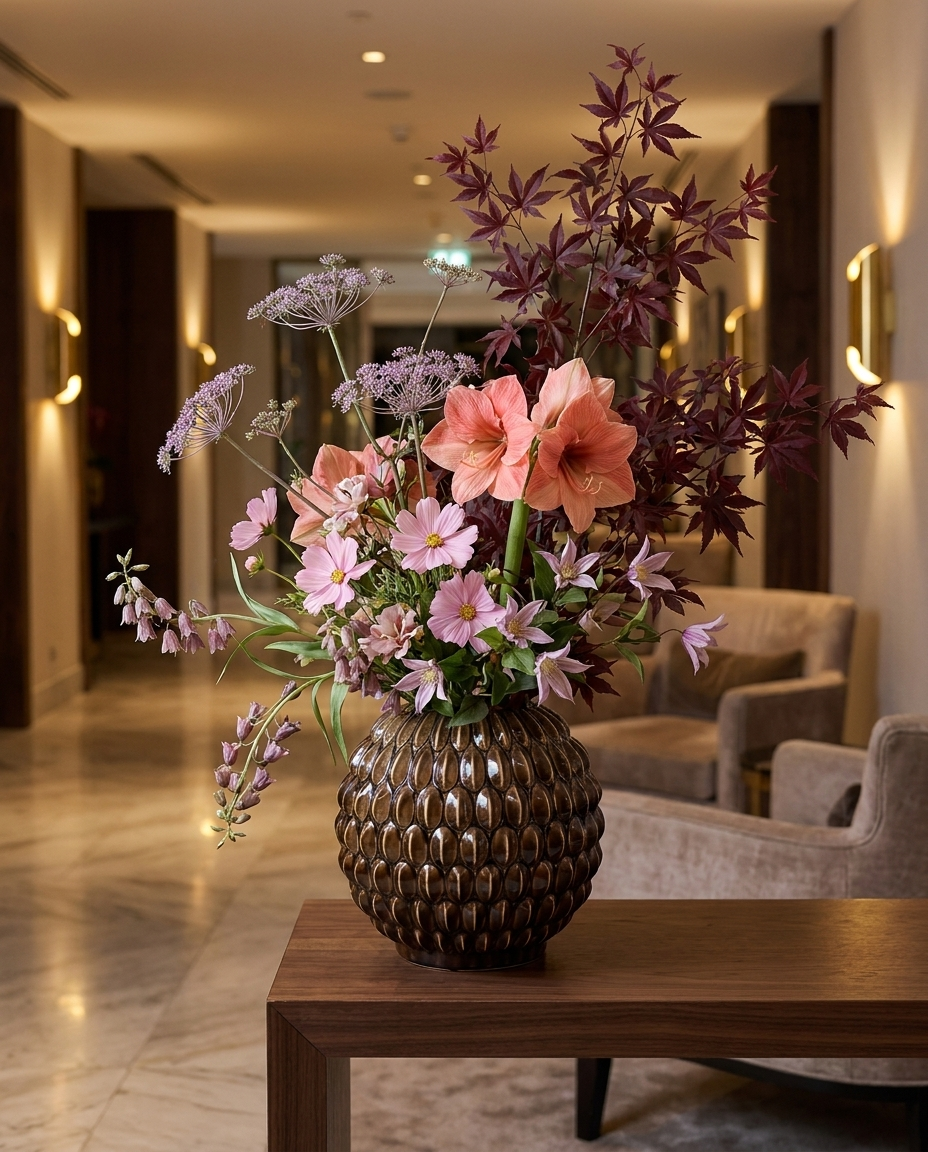 Bloemenarrangement PURE by JASACO in bronzen vaas, hotel stijl