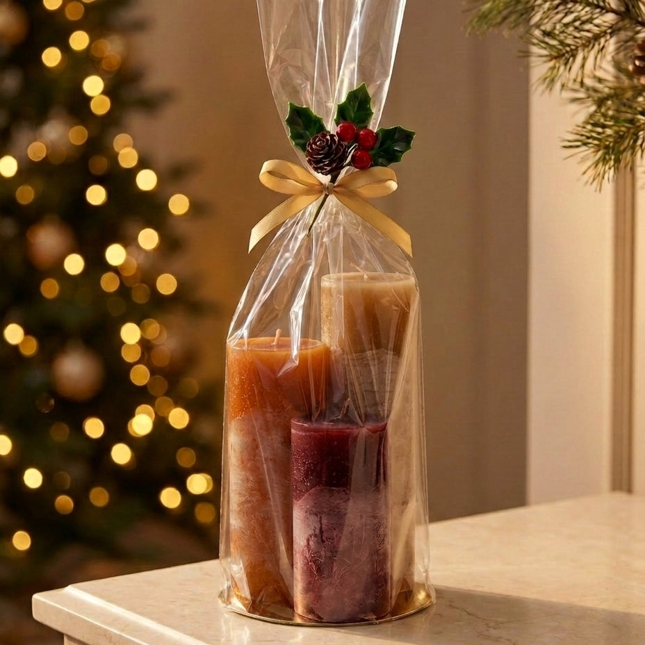 Lotus Kaarsen cadeauset kleurverloop licht: Cappuccino, Cognac en Stone Red in een cellofaan zakje met gouden lint