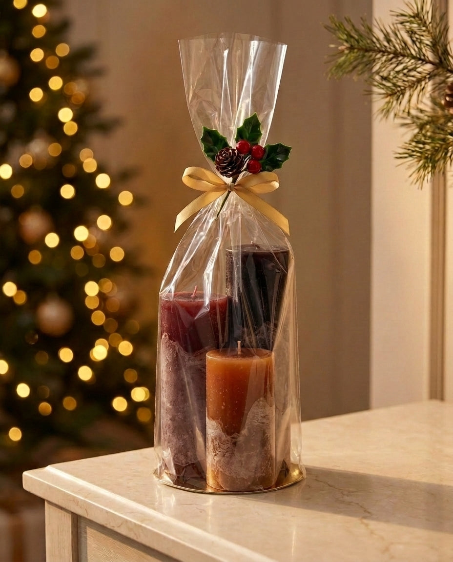 Lotus Kaarsen cadeauset kleurverloop warm: Wine Wood, Stone Red en Cognac in een cellofaan zakje met gouden lint