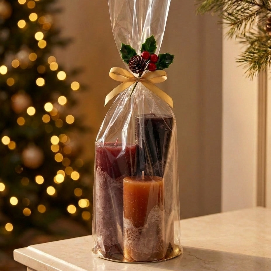 Lotus Kaarsen cadeauset kleurverloop warm: Wine Wood, Stone Red en Cognac in een cellofaan zakje met gouden lint