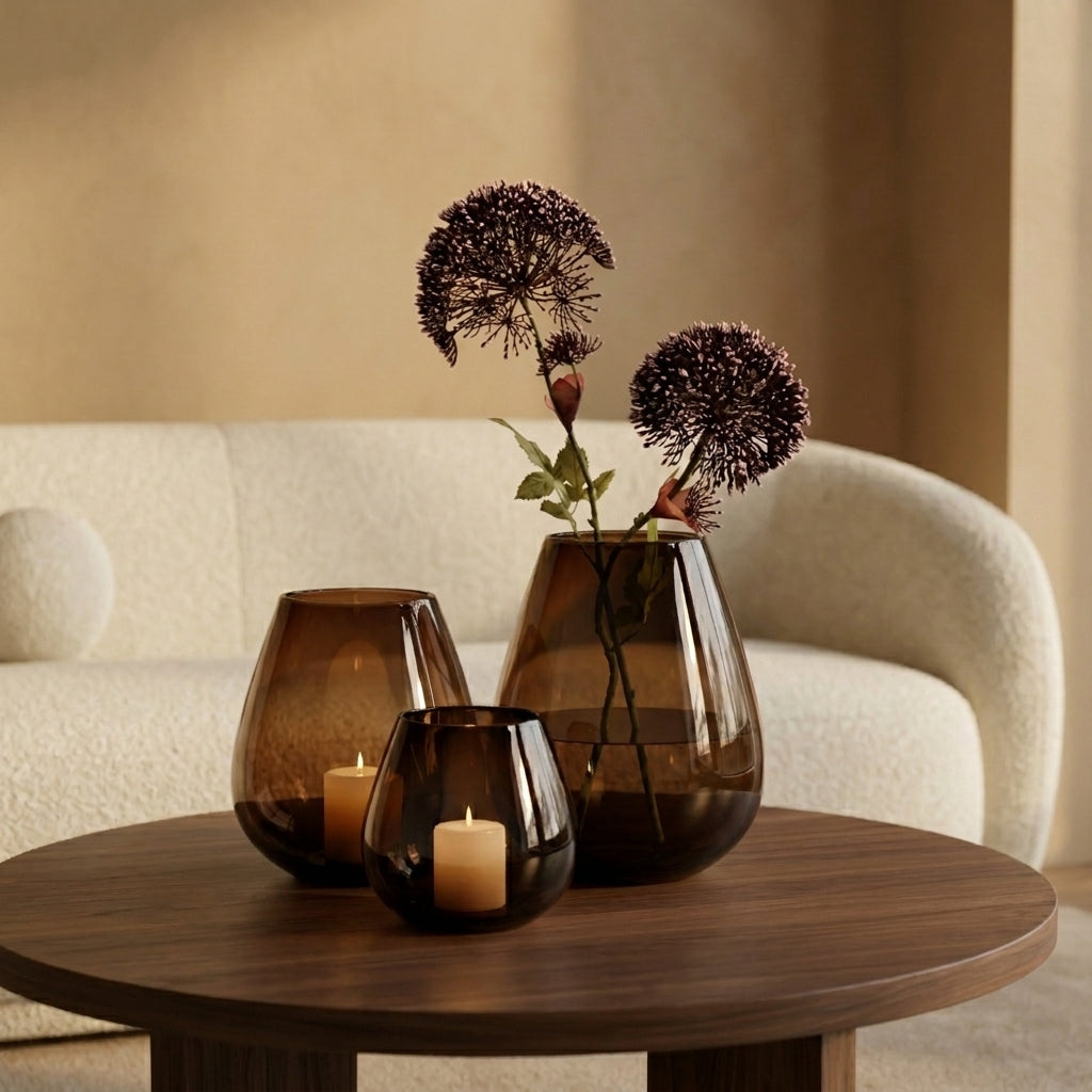 Drie Tasman windlichten in dark taupe glas van VTW met twee stelen Berenklauw Lavender op een walnoten salontafel