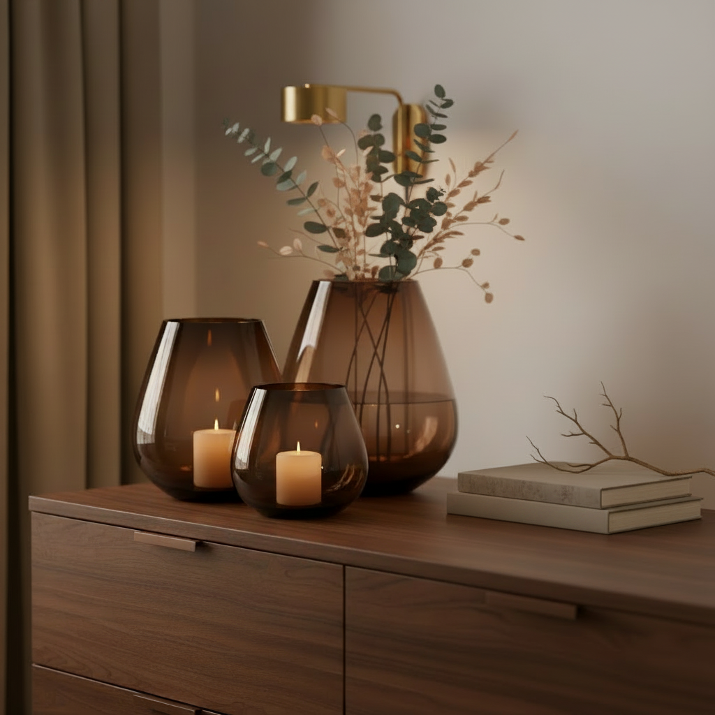 Set van 3 Tasman windlichten in dark taupe glas van VTW op een walnoten dressoir, met kaarsen en takken